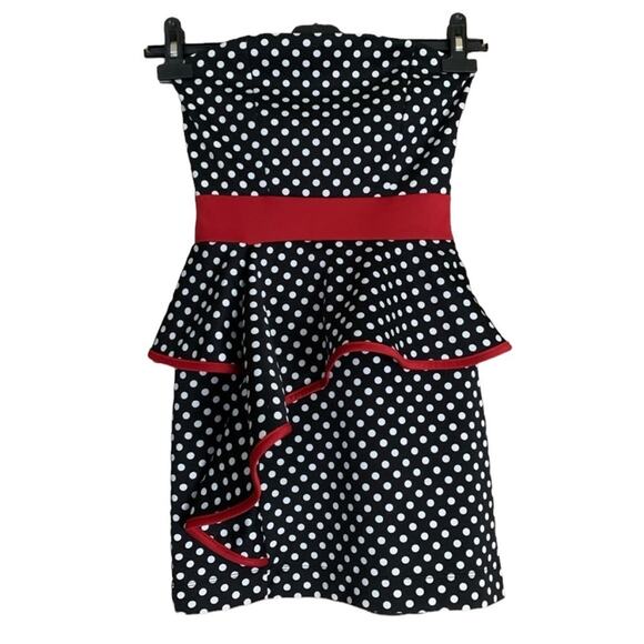 Emerald Sundae Strapless Black White Red Polkadot Peplum Dress Size Small - Picture 1 of 8